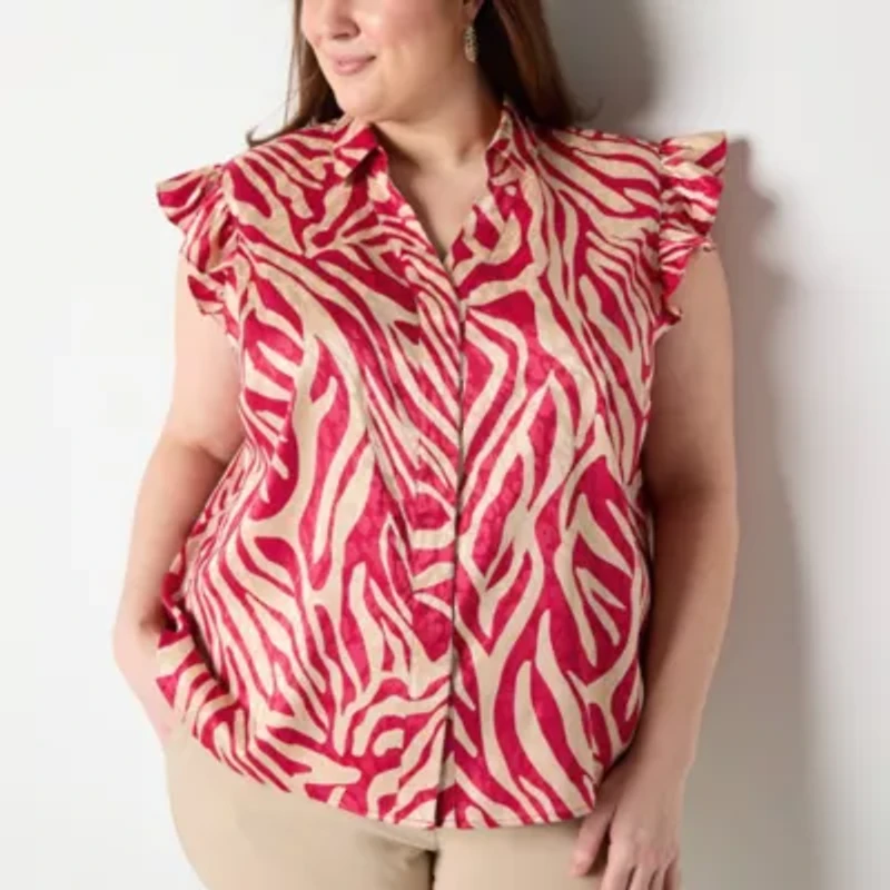 Liz Claiborne Womens Easy-on + Easy-off Sleeveless Flutter Sleeve Regular Fit Plus Button-Down Shirt
