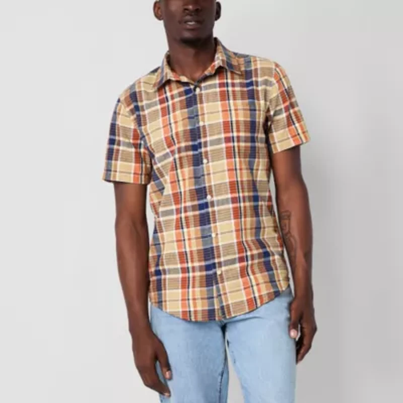 mutual weave Mens Easy-on + Easy-off Short Sleeve Regular Fit Button-Down Shirt