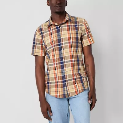 mutual weave Mens Easy-on + Easy-off Short Sleeve Regular Fit Button-Down Shirt