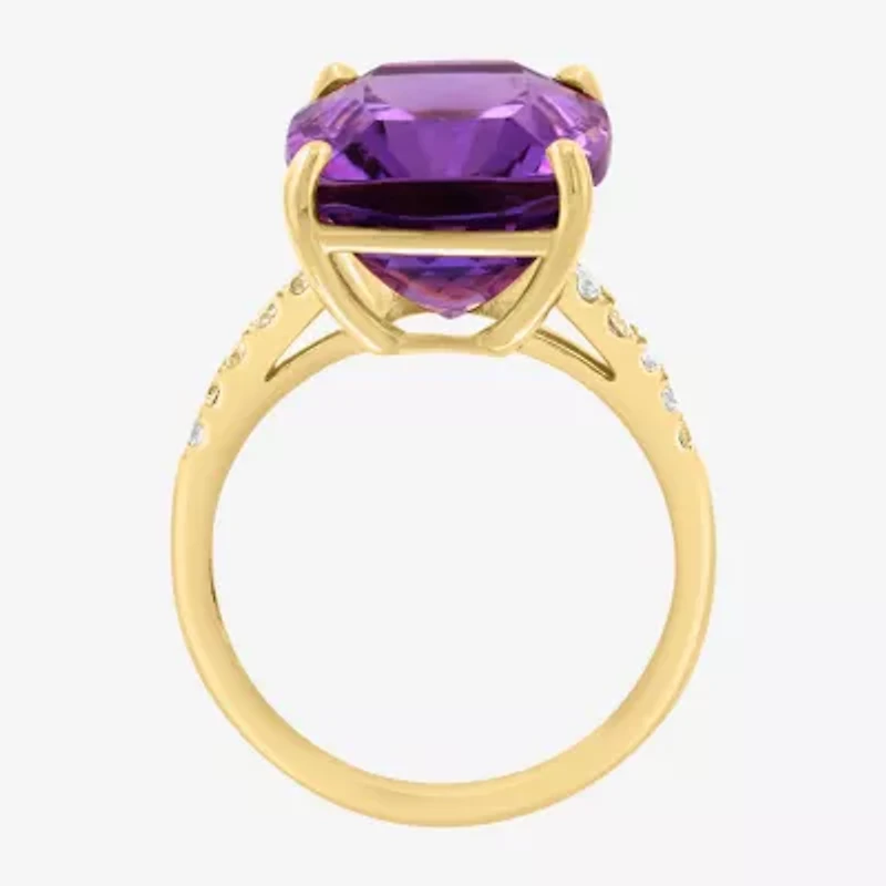 Effy Final Call (H-I / I1-I2) Womens 1/5 CT. Genuine Purple Amethyst 14K Gold Cushion Side Stone Cocktail Ring