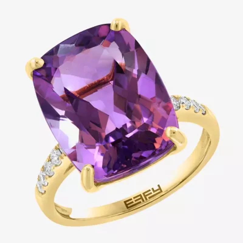 Effy Final Call (H-I / I1-I2) Womens 1/5 CT. Genuine Purple Amethyst 14K Gold Cushion Side Stone Cocktail Ring