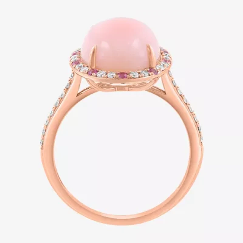 Effy Final Call (H-I / I1-I2) Womens 1/4 CT. T.W. Genuine Pink Opal 14K Rose Gold Oval Halo Side Stone Cocktail Ring