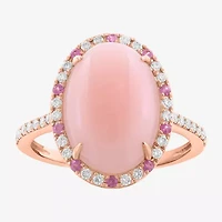 Effy Final Call (H-I / I1-I2) Womens 1/4 CT. T.W. Genuine Pink Opal 14K Rose Gold Oval Halo Side Stone Cocktail Ring