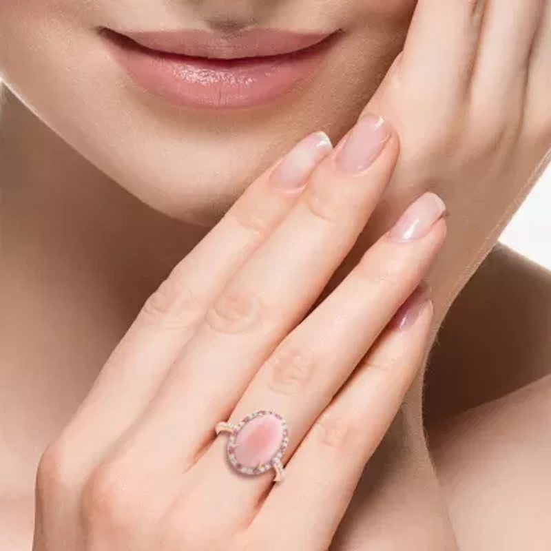 Effy Final Call (H-I / I1-I2) Womens 1/4 CT. T.W. Genuine Pink Opal 14K Rose Gold Oval Halo Side Stone Cocktail Ring