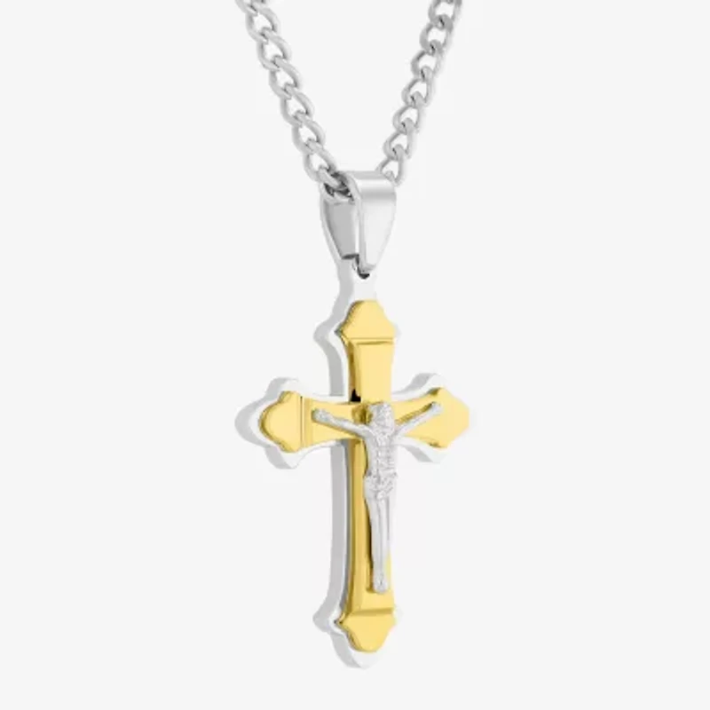 Religious Jewelry Crucifix Mens Stainless Steel Cross 24 Inch Pendant Necklace