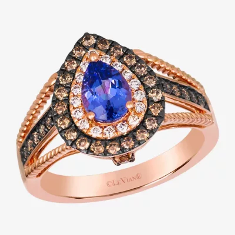 Le Vian Grand Sample Sale Le Vian Grand Sample Sale (I1 / Champagne) Womens 1/2 CT. Genuine Blue Tanzanite 14K Gold Pear Halo Side Stone Cocktail Ring