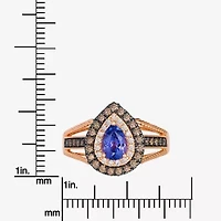 Le Vian Grand Sample Sale Le Vian Grand Sample Sale (I1 / Champagne) Womens 1/2 CT. Genuine Blue Tanzanite 14K Gold Pear Halo Side Stone Cocktail Ring