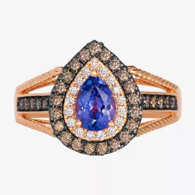 Le Vian Grand Sample Sale Le Vian Grand Sample Sale (I1 / Champagne) Womens 1/2 CT. Genuine Blue Tanzanite 14K Gold Pear Halo Side Stone Cocktail Ring