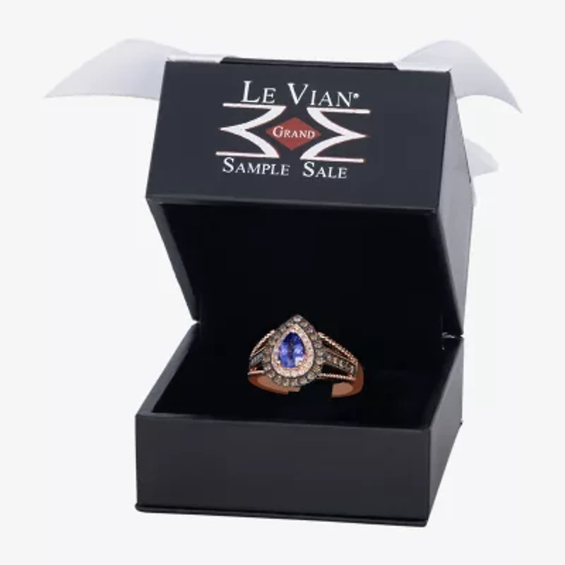 Le Vian Grand Sample Sale Le Vian Grand Sample Sale (I1 / Champagne) Womens 1/2 CT. Genuine Blue Tanzanite 14K Gold Pear Halo Side Stone Cocktail Ring