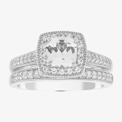 Limited Quantities! Womens Lab Created White Sapphire Sterling Silver Side Stone Halo Bridal Set