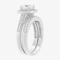 Limited Quantities! Womens Lab Created White Sapphire Sterling Silver Side Stone Halo Bridal Set