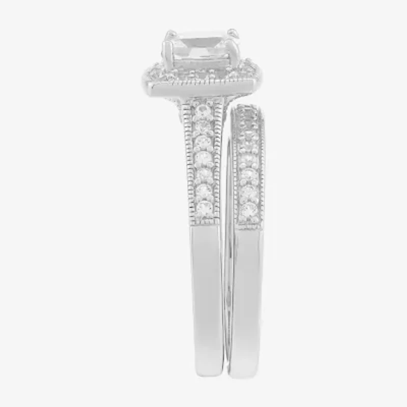 Limited Quantities! Womens Lab Created White Sapphire Sterling Silver Side Stone Halo Bridal Set