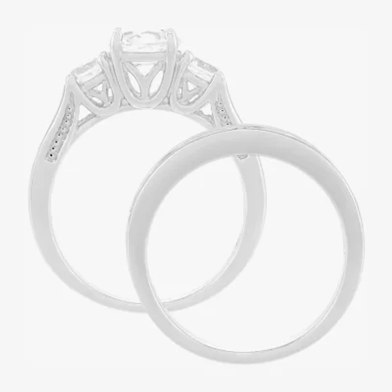 Limited Quantities! Womens Lab Created White Sapphire Sterling Silver Side Stone 3-Stone Bridal Set