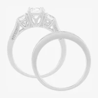 Limited Quantities! Womens Lab Created White Sapphire Sterling Silver Side Stone 3-Stone Bridal Set