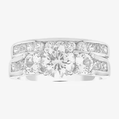 Limited Quantities! Womens Lab Created White Sapphire Sterling Silver Side Stone 3-Stone Bridal Set