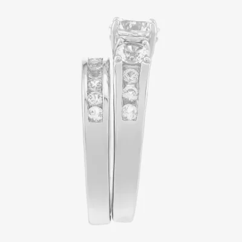 Limited Quantities! Womens Lab Created White Sapphire Sterling Silver Side Stone 3-Stone Bridal Set