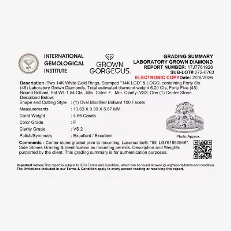 Grown Gorgeous (F,Vs2) Womens / Ct. T.W. Lab White Diamond 14K Gold or Platinum Oval Side Stone Bridal Set