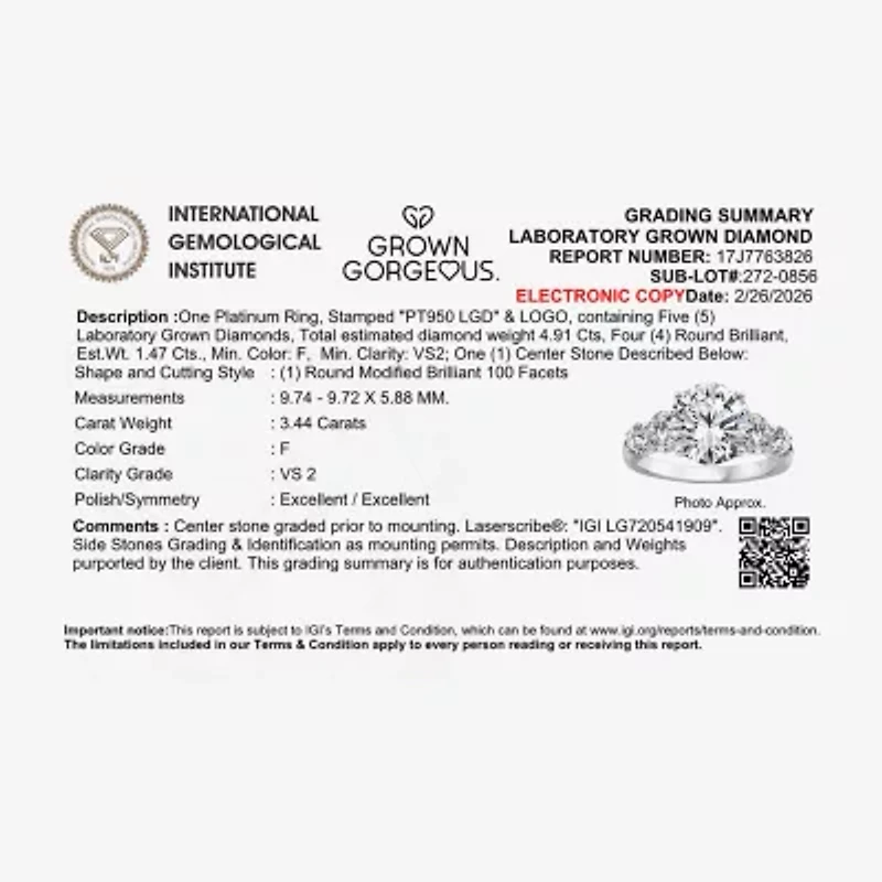 Grown Gorgeous (F, Vs2) Womens 4 7/8 Ct. T.W. Lab White Diamond 14K Gold or Platinum Round Side Stone 5-Stone Engagement Ring