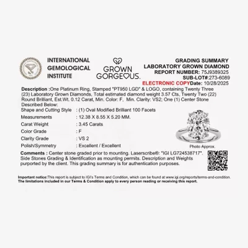 Grown Gorgeous (F, Vs2) Womens 3 1/2 CT. T.W Lab White Diamond 14K Gold or Platinum Oval Engagement Ring