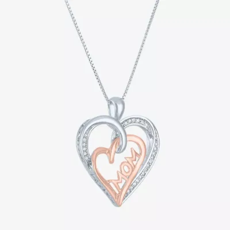 1/10 CT.T.W. Natural  Diamond "MOM" Heart Necklace in Sterling SIlver and 14KT Rose Gold Over SIlver"