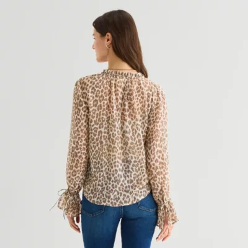 a.n.a Sheer Womens Tall Split Tie Neck Long Sleeve Blouse