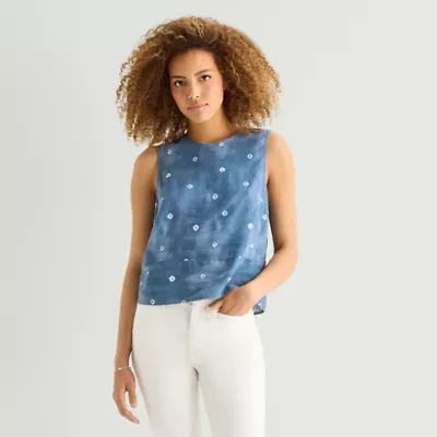 a.n.a Linen Womens Round Neck Sleeveless Blouse