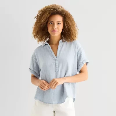 a.n.a Womens Y Neck Short Sleeve Blouse