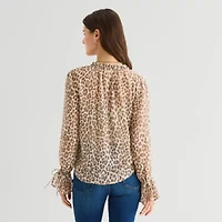 a.n.a Sheer Womens Split Tie Neck Long Sleeve Blouse