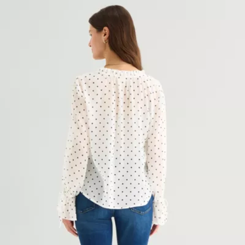 a.n.a Sheer Womens Split Tie Neck Long Sleeve Blouse