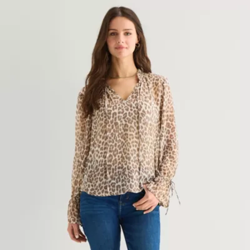 a.n.a Sheer Womens Split Tie Neck Long Sleeve Blouse