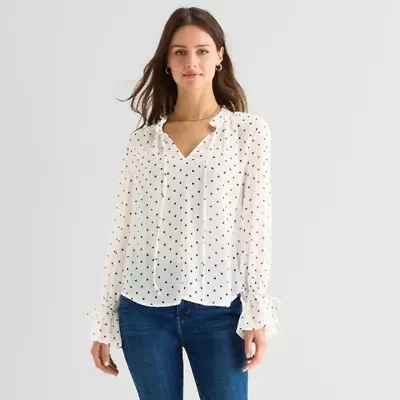 a.n.a Sheer Womens Split Tie Neck Long Sleeve Blouse