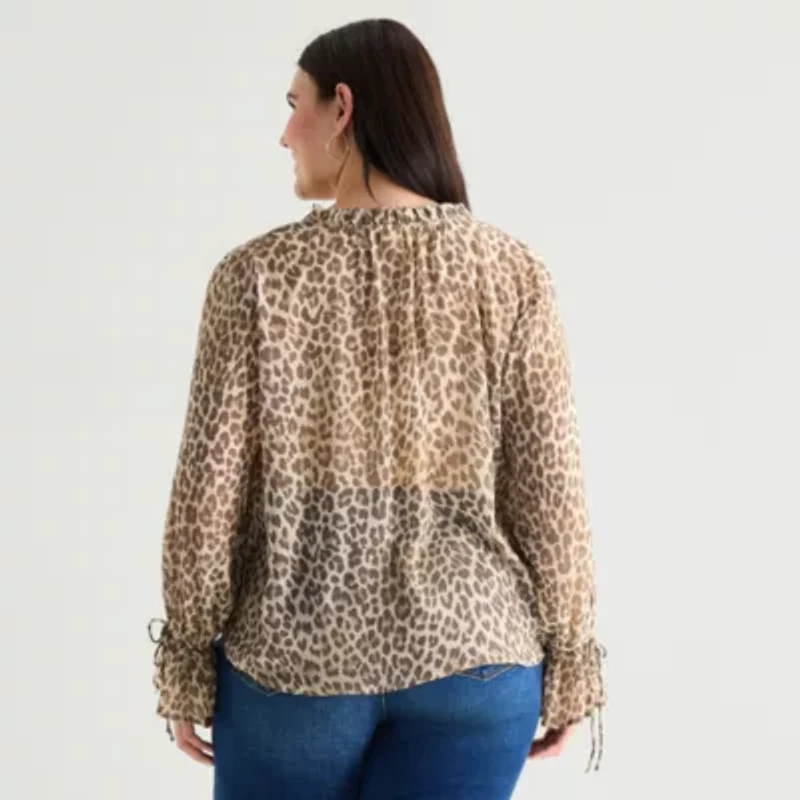 a.n.a Sheer Womens Plus Split Tie Neck Long Sleeve Blouse