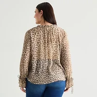 a.n.a Sheer Womens Plus Split Tie Neck Long Sleeve Blouse