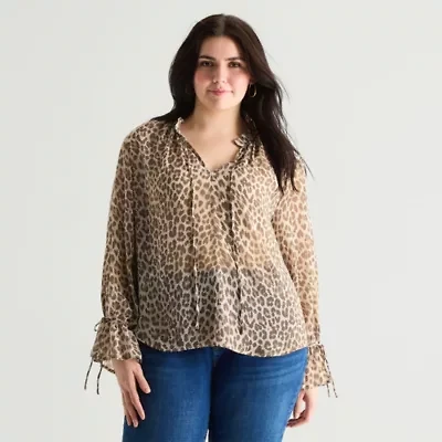 a.n.a Sheer Womens Plus Split Tie Neck Long Sleeve Blouse