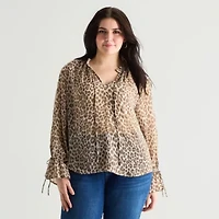 a.n.a Sheer Womens Plus Split Tie Neck Long Sleeve Blouse