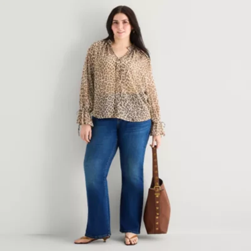 a.n.a Sheer Womens Plus Split Tie Neck Long Sleeve Blouse