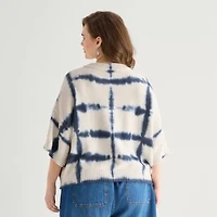 a.n.a Plus Womens Crew Neck Short Sleeve Tie Dye Pullover Sweater