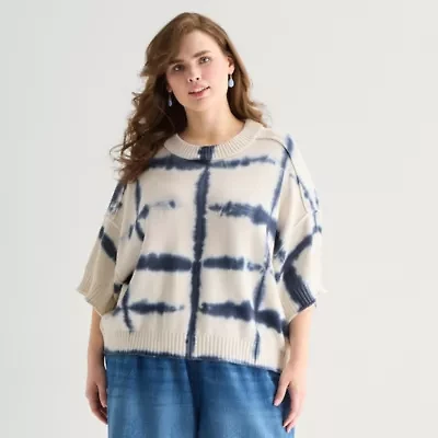 a.n.a Plus Womens Crew Neck Short Sleeve Tie Dye Pullover Sweater