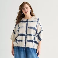 a.n.a Plus Womens Crew Neck Short Sleeve Tie Dye Pullover Sweater