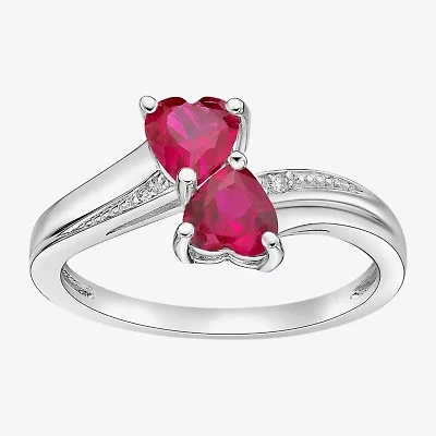 Womens Diamond Accent Lab Created Red Ruby Sterling Silver -Stone Side Stone Cocktail Ring