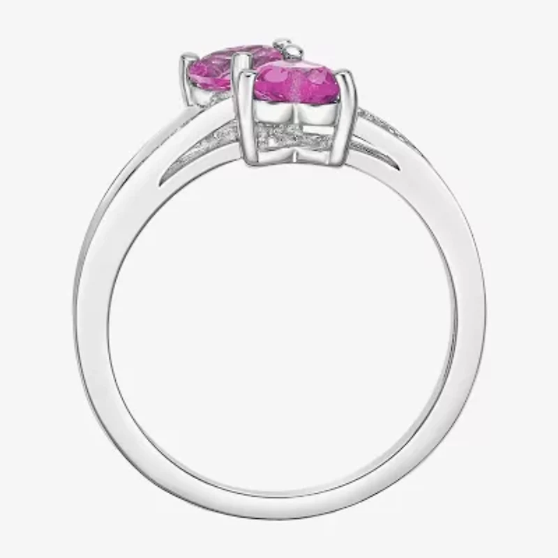 Womens Diamond Accent Lab Created Pink Sapphire Sterling Silver Side Stone Cocktail Ring