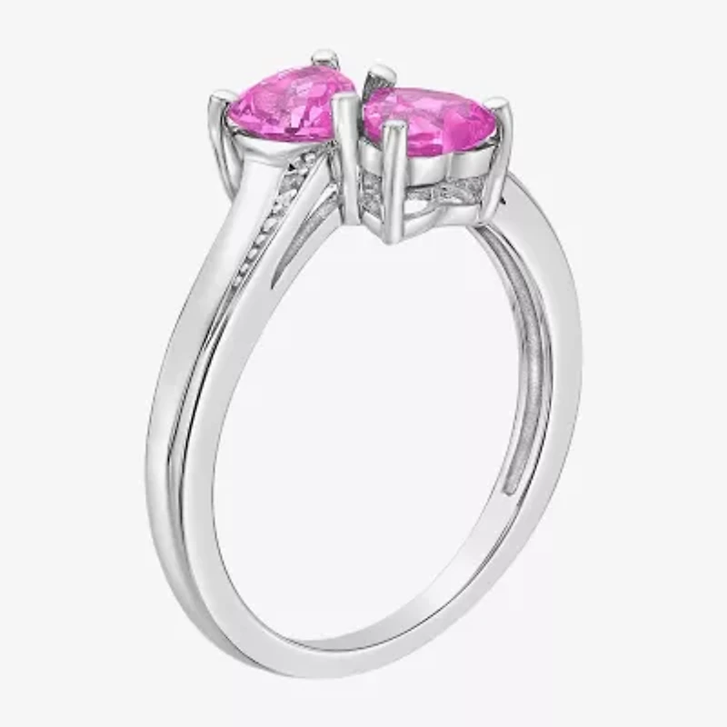 Womens Diamond Accent Lab Created Pink Sapphire Sterling Silver Side Stone Cocktail Ring