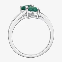 Womens Diamond Accent Lab Created Green Emerald Sterling Silver Side Stone Cocktail Ring