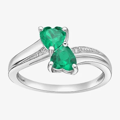Womens Diamond Accent Lab Created Green Emerald Sterling Silver Side Stone Cocktail Ring