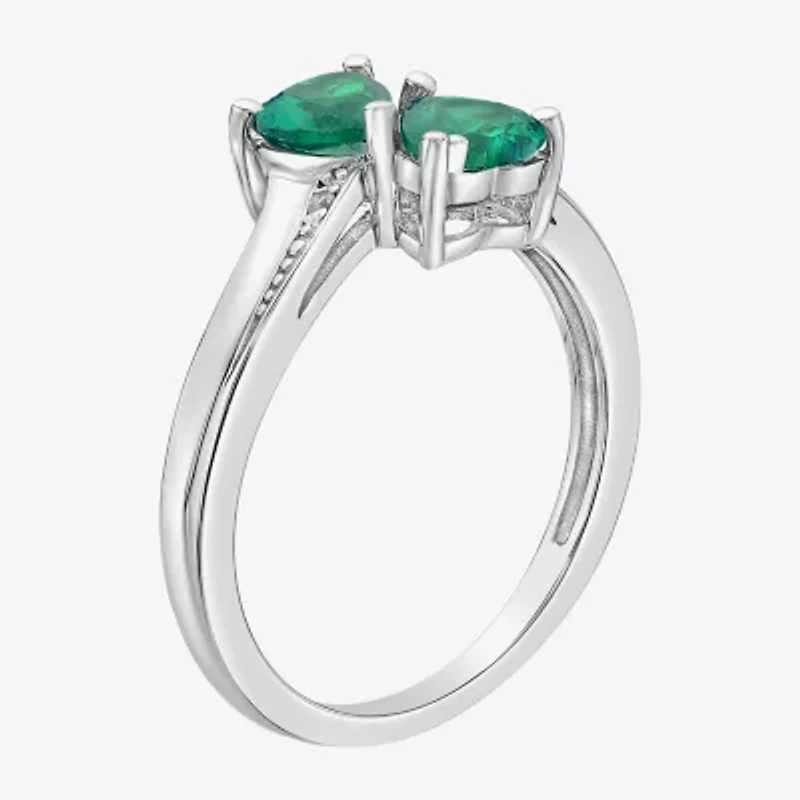 Womens Diamond Accent Lab Created Green Emerald Sterling Silver Side Stone Cocktail Ring