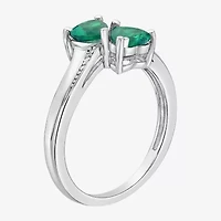 Womens Diamond Accent Lab Created Green Emerald Sterling Silver Side Stone Cocktail Ring