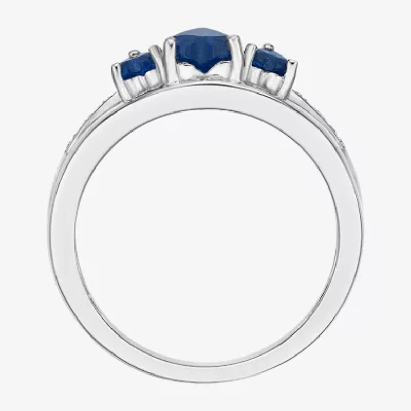 Womens Diamond Accent Lab Created Blue Sapphire Sterling Silver 3-Stone Side Stone Cocktail Ring