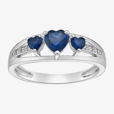 Womens Diamond Accent Lab Created Blue Sapphire Sterling Silver 3-Stone Side Stone Cocktail Ring