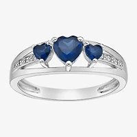 Womens Diamond Accent Lab Created Blue Sapphire Sterling Silver 3-Stone Side Stone Cocktail Ring