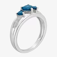 Womens Diamond Accent Lab Created Blue Sapphire Sterling Silver 3-Stone Side Stone Cocktail Ring